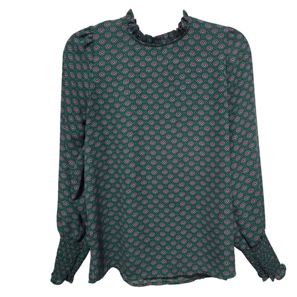 Maison d'Amelie Paris Tops - Maison dAmelie Paris Green Geometric Print Mock Neck Ruffle Blouse Long Sleeve M
